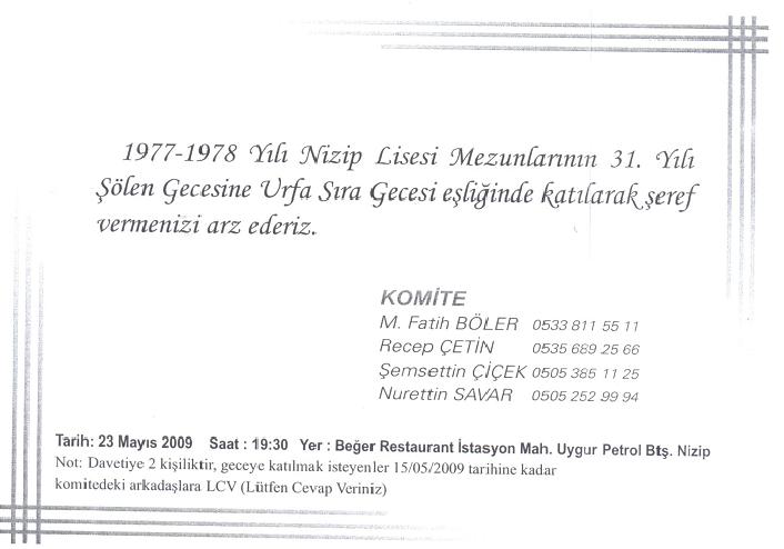 1977-1978 yılı nizip lisesi mezunlarının kaynaşma gecesi