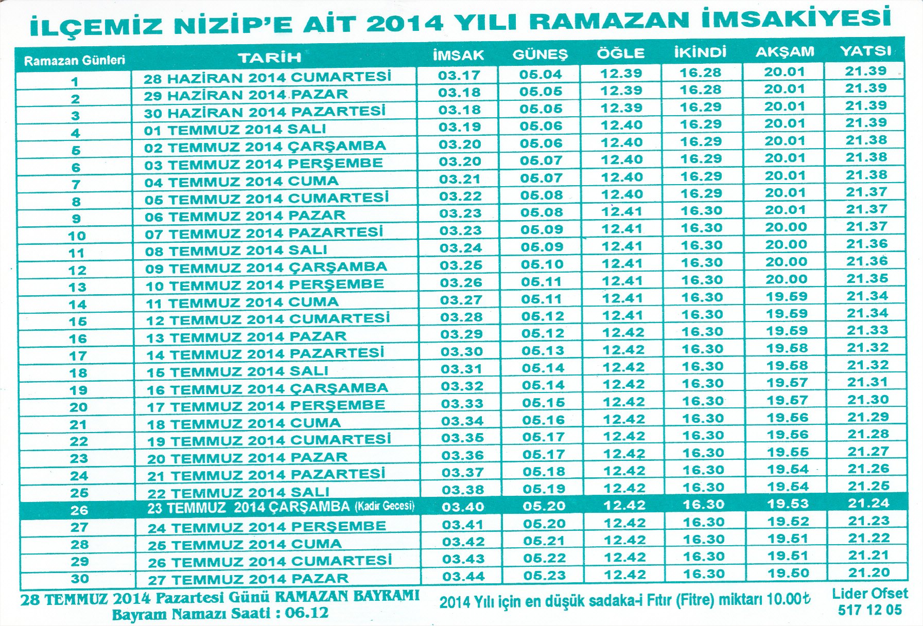 Nizip 2014 Ramazan İmsakiyesi