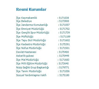 Nizip resmi kurum telefonları :