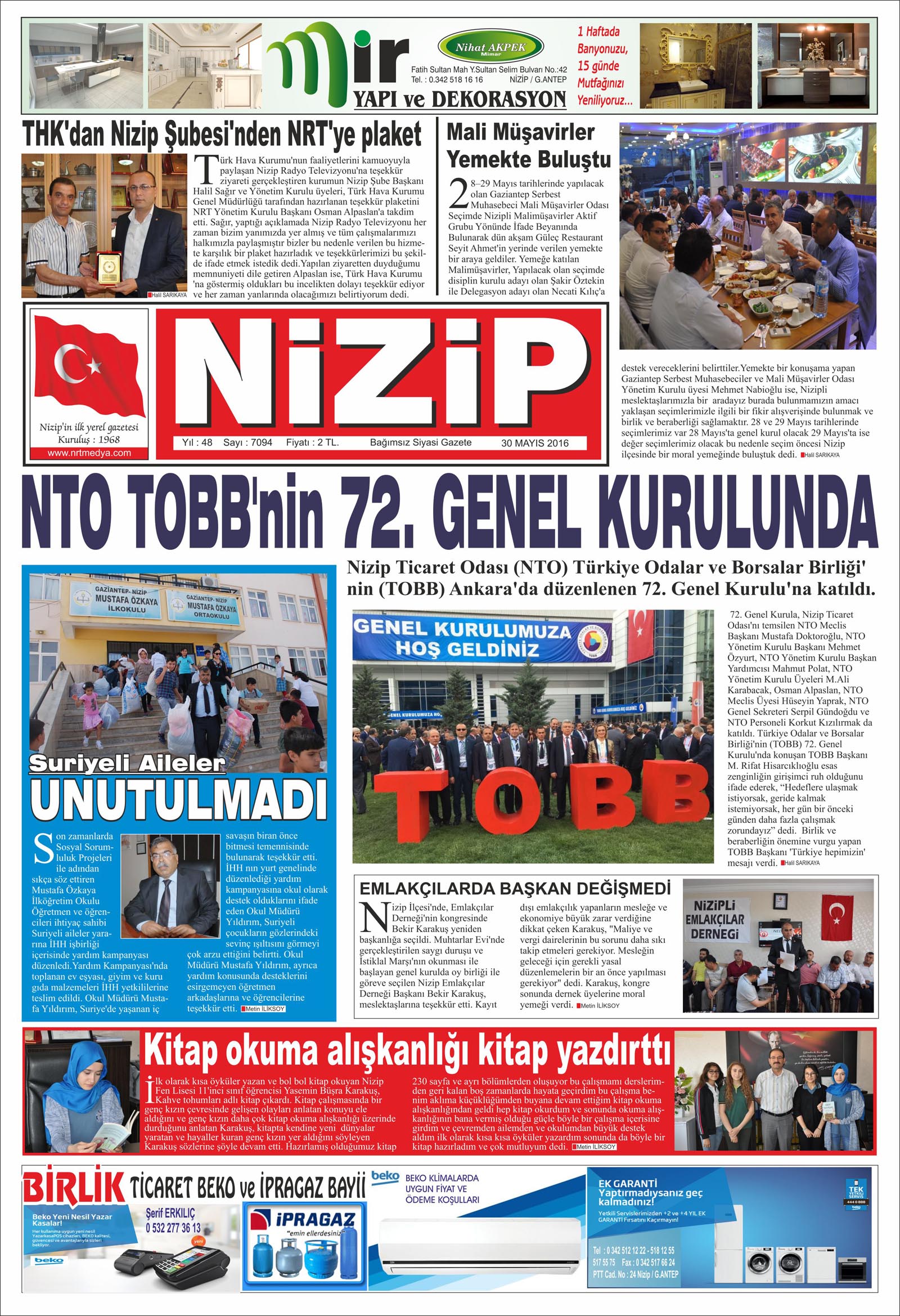 30.05.2016 Tarihli Gazete sayfa 1