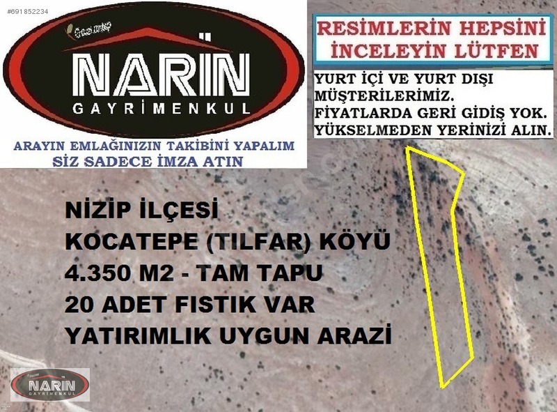 Nizip KOCATEPE TILFAR Köyünde 20 Adet Fıstık Ağaçlı Yüksek Arazi
