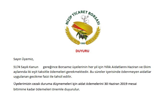 Nizip ticaret borsasi duyuru