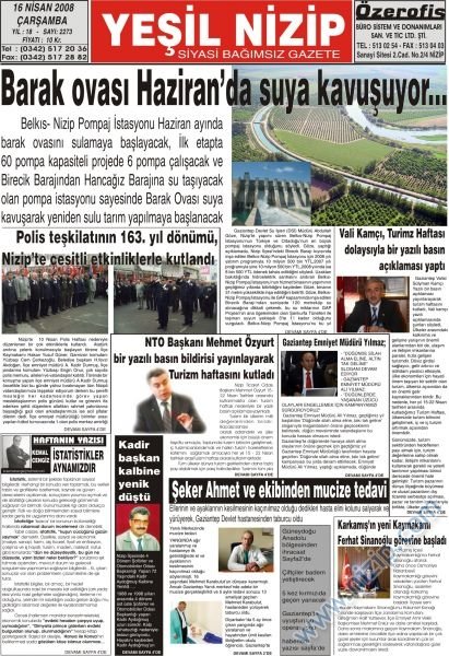 16 Nisan 2008 Yeşil Nizip Gazetesi 