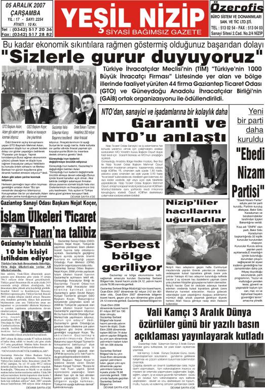 05 ARALIK 2007 YEŞİL NİZİP GAZETESİ 