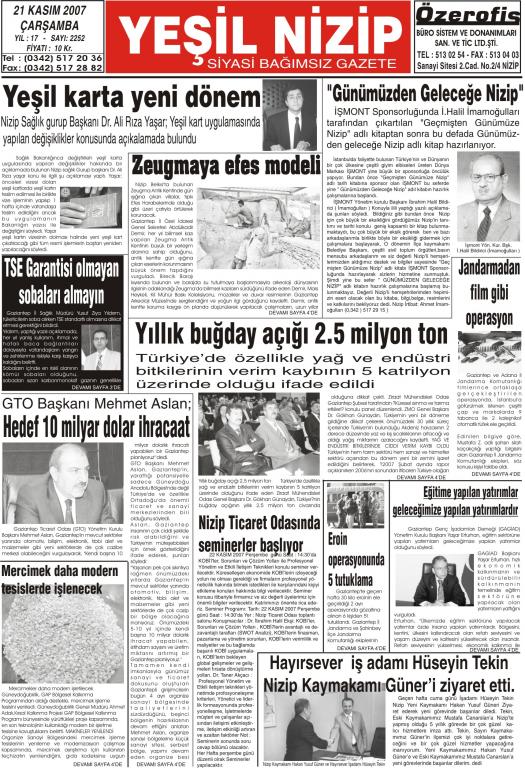 21 kasım 2007 çarşamba yeşil nizip gazetesi 