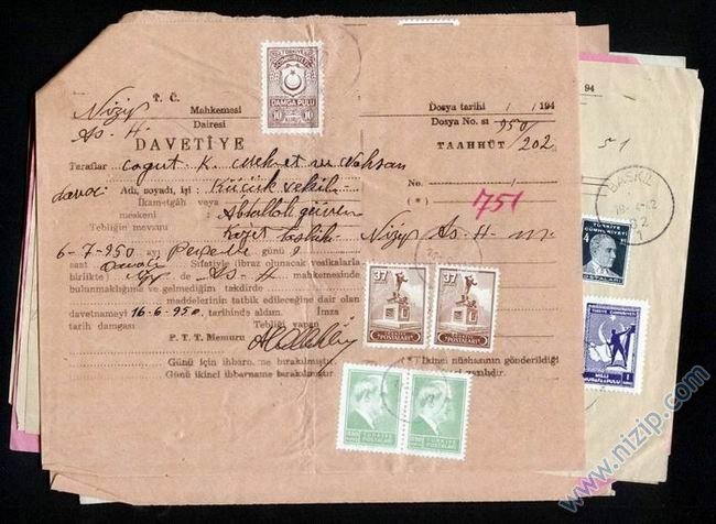 06/07/1950 YILINA AİT NİZİP MAHKEMESİ RESMİ DAVETİYESİ 