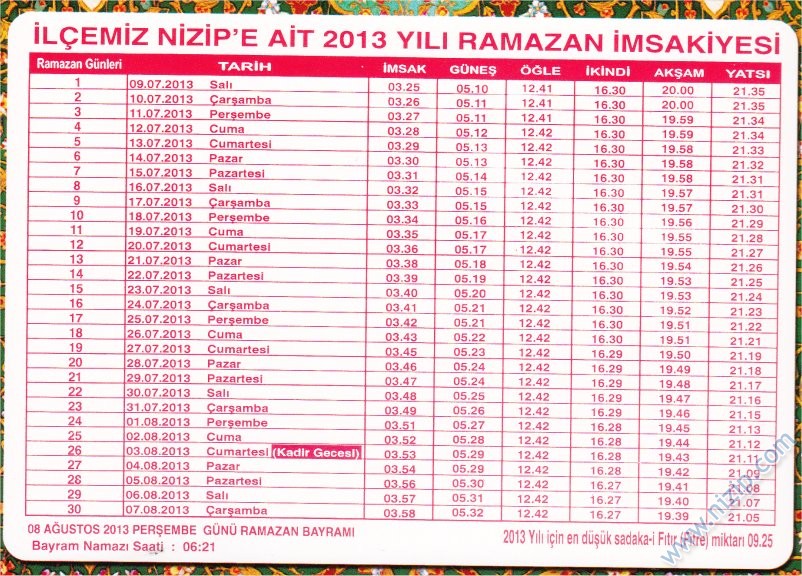 2013 Ramazan İmsakiyesi 