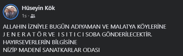 Malatya köylerine  j e n e r a t ö r ve   soba gönderilecektir.