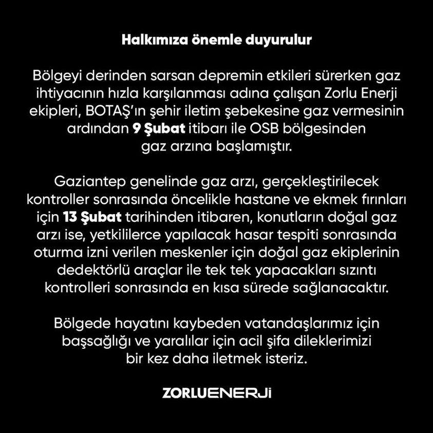 Zorlu Enerji Doğalgaz Açıklaması