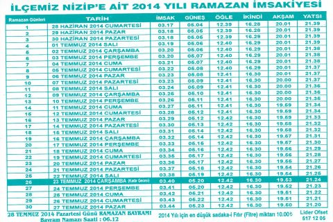 Nizip 2014 Ramazan İmsakiyesi