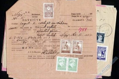 06/07/1950 YILINA AİT NİZİP MAHKEMESİ RESMİ DAVETİYESİ 