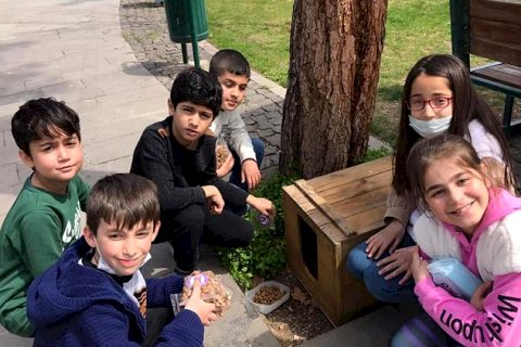 Minik öğrenciler kuşlar ve sokak hayvanları için yem ile mama dağıttı